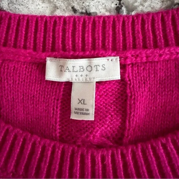 Talbots Women's Sweater Cable Knit Crewneck Hot Pink Cotton Chunky Preppy XL - Picture 8 of 9